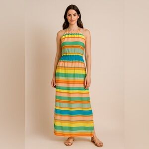 Ann Taylor Halter Maxi Dress Colorful Stripe Tie Back Size 0 Summer Beach Resort